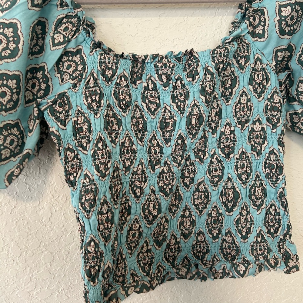 Maurices Blue Smocked Puff Sleeve Crop Top, Boho Milkmaid Cottagecore Summer Top - Picture 4 of 7